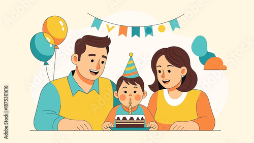 Family celebrating a childs birthday with cake and balloons.