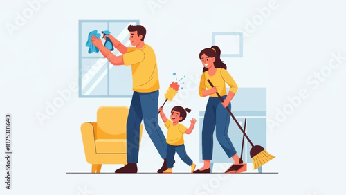 Family cleaning house together, parents and child doing chores.