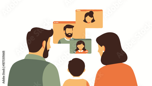 Family connecting with relatives through video call on computer screen.