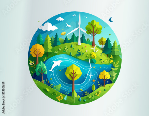 Paper-cut eco landscape with lake, trees, and wind turbines