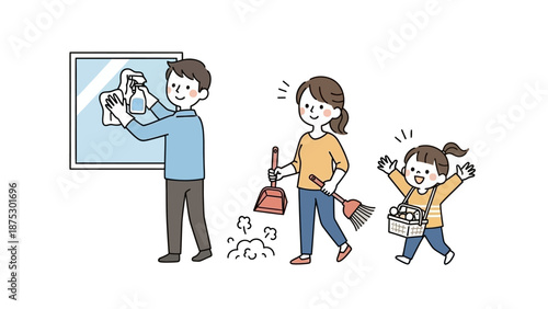 Family cleaning together, father wiping window, mother sweeping, daughter carrying laundry basket.