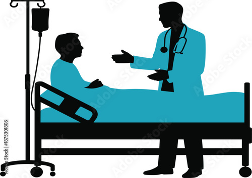 Doctor consulting with male patient in hospital bed silhouette, medical healthcare and recovery vector flat illustration