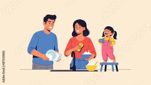 Family doing chores together washing dishes at kitchen sink.