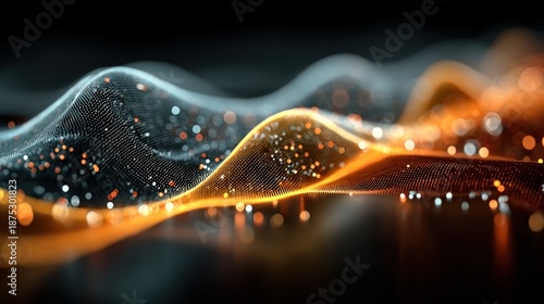 A visually striking abstract representation of data or particles in motion, depicted through glowing orange and blue waves and numerous small dots