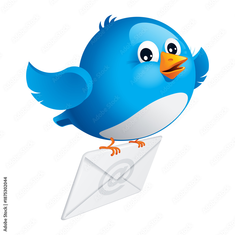 Fototapeta premium Cute blue bird mascot flying with email envelope, friendly delivery concept, 3d illustration isolated on transparent background