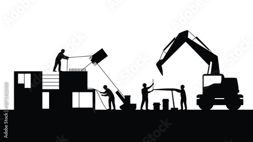 Construction workers building with blocks and heavy machinery