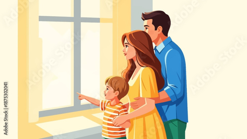 Family looking out window together at home.