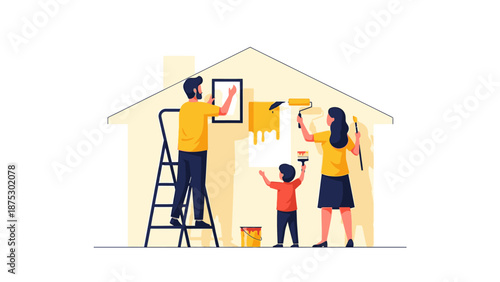 Family Painting House Interior Together.