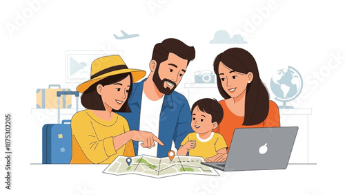 Family Planning Vacation Together Using Map and Laptop.