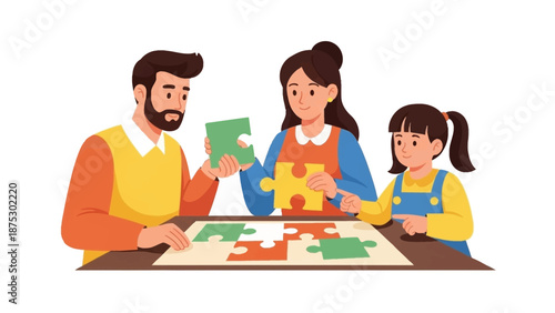 Family Playing Jigsaw Puzzle Together.