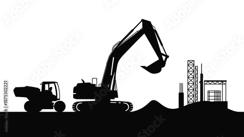 Excavator working on construction site with building structures