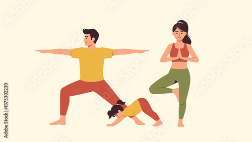 Family practicing yoga together at home.