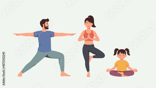 Family practicing yoga together on a white background.