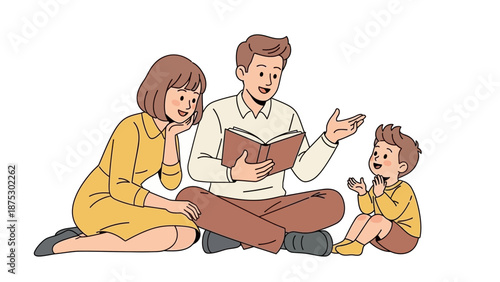 Family reading a book together.