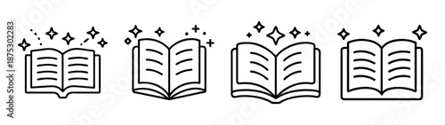 Collection of open book icons with sparkling light effects for education and reading concepts