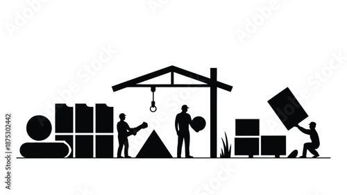 Construction workers building with heavy materials on site