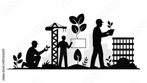 Workers planting trees in urban construction site with cityscape background