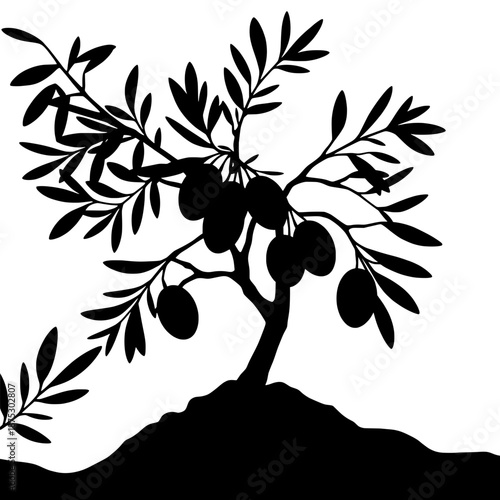 Bold black silhouette illustration of a mature olive tree bearing its distinctive fruit, representing the enduring spirit of Mediterranean landscapes, healthy eating, and natural bounty