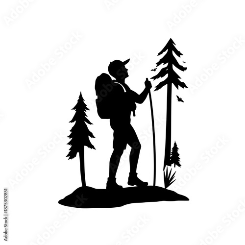 Hiker silhouette with backpack in forest. Hiking man silhouette outdoor adventure.