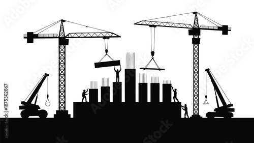 Construction site with cranes and workers building skyscraper