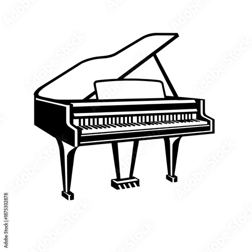Silhouette of a Grand Piano With Its Lid Opened and Ready for Playing in a Simple Black and White Design