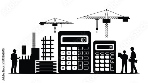 Construction workers and calculators for business planning and finance