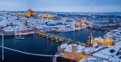 Принти на полотні High Resolution Panorama Picture of Winter Snowy Prague Old Town with Prague Cas
