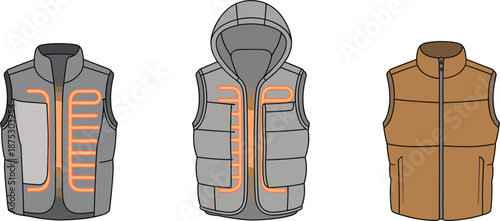 Heated winter vest jacket set with thermal warming elements, puffer gilet apparel vector flat illustration collection