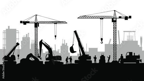 Construction site with cranes and workers in cityscape