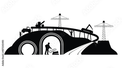 Construction workers building modern infrastructure with cranes and tunnels