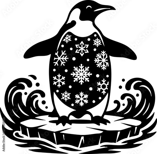 Emperor penguin on ice floe graphic with winter snowflakes design