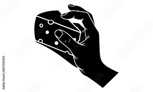 Monochrome vector illustration human hand grasping perforated wedge of dairy cheese, symbolizing culinary preparation and gourmet food enjoyment