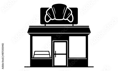 A black and white illustration of a bakery storefront featuring a croissant sign above the entrance, symbolizing a place for baked goods and pastries