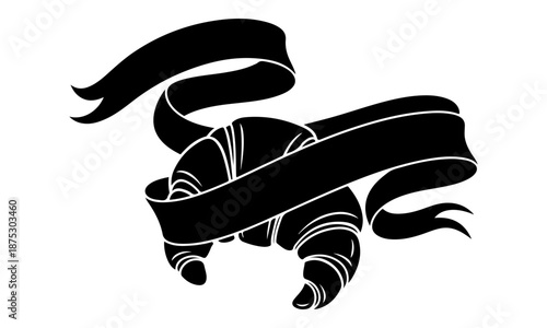 Artistic graphic depicting a freshly baked, flaky croissant gracefully enveloped by a decorative ribbon, symbolizing the essence of gourmet baking and artisanal patisserie excellence