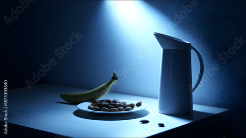 nightstand. A few almonds and a banana on a nightstand in cool blue moonlight. menu design, packaging mockups, designed for culinary blogs and recipe cards for restaurants, used by sports marketers.