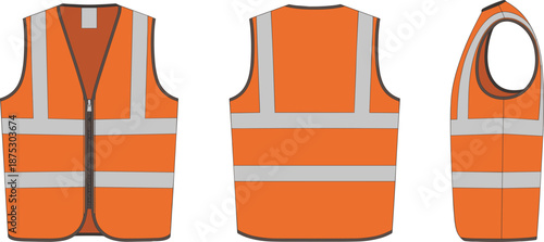 Orange high visibility safety vest with reflective silver stripes, construction workwear vector flat illustration apparel set