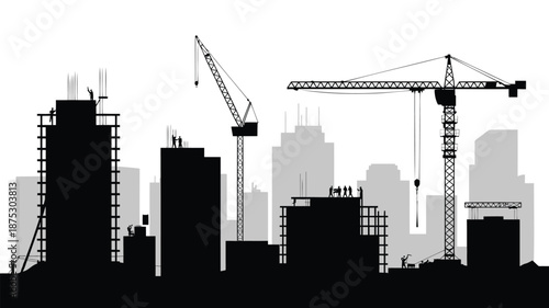 Urban construction site with cranes and buildings