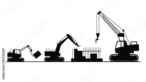 Heavy machinery at work on construction site with cranes and excavators