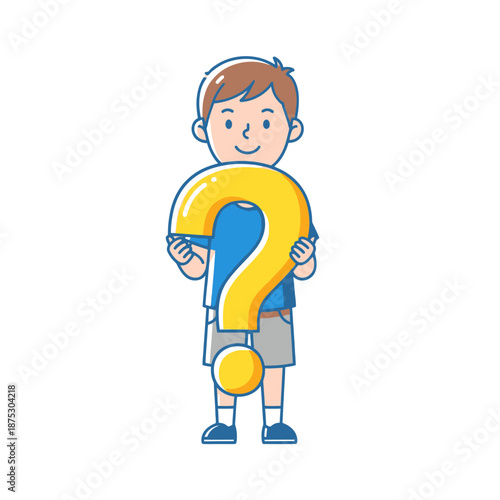 Curious boy holding a giant yellow question mark, asking a question