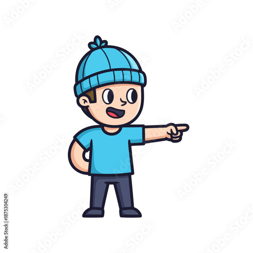 Happy cartoon boy in blue hat pointing to the right