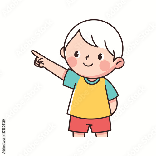 Cute cartoon boy pointing finger, isolated on white background, illustration for kids