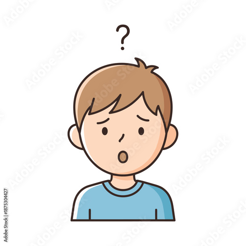 Confused boy with question mark, cartoon illustration, isolated on white background