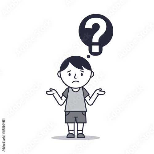 Confused boy with question mark in thought bubble, shrugging shoulders, uncertainty, doubt, seeking answers