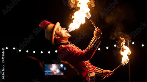 Circus fire breather performing with flaming torches during night show.