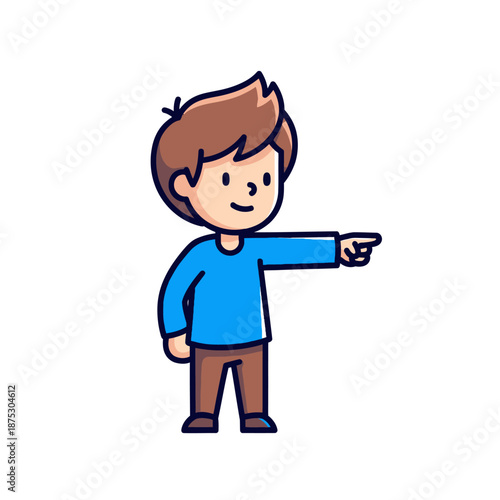 Cute cartoon boy pointing to the right with index finger, isolated on white background.