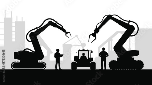 Construction workers operating heavy machinery on a building site