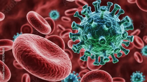 Microscopic view of blood cells and viral particles in a close up