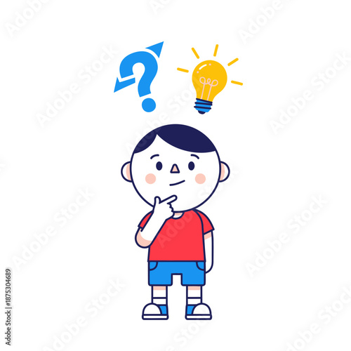 Child Thinking, Question Mark and Light Bulb Idea Symbol, Innovation and Discovery Concept