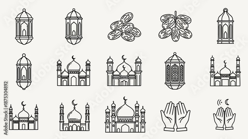 Elegant outline vector icon set for Ramadan and Eid al-Fitr, featuring traditional mosques, ornate lanterns, succulent dates, and reverent praying hands for Islamic holidays