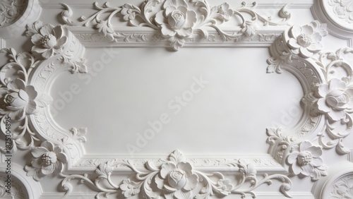 Ornate white gypsum stucco relief framing a blank rectangular copy space on a decorative classic interior wall with soft ambient lighting.